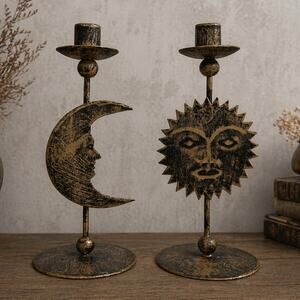 Sun Moon Celestial Candle Holders Set Metal Boho Decor